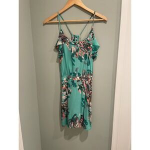 Hy and Dot Women's Turquoise Floral Print Silk Ruffle Strap Dress Size S